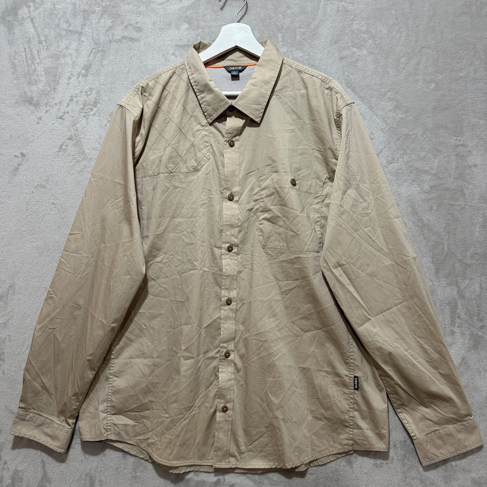 Orvis Mens XL Khaki Tan Long Sleeve Shooting Shirt Quilted Shoulder Outdoor XL
